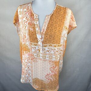 Cupcakes And Cashmere Blouse Sz M Cap Sleeve Split VNeck Orange Floral